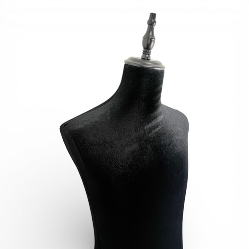 Black Velvet Male Mannequin Torso with Adjustable Wooden Stand, full-height product view on a white background, evenly lit product image