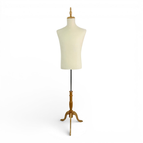 Male Beige Velvet Mannequin Torso with Adjustable Wooden Tripod Stand