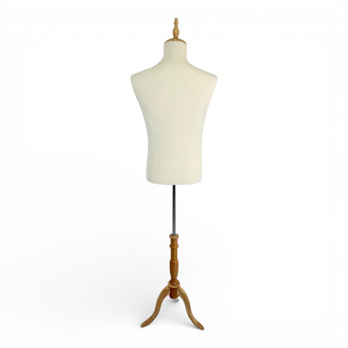 Male Beige Velvet Mannequin Torso with Adjustable Wooden Tripod Stand, full-height product view on a white background, gallery image 12 of 14