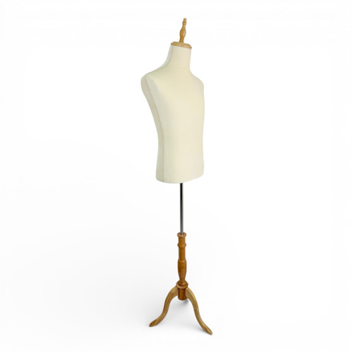 Male Beige Velvet Mannequin Torso with Adjustable Wooden Tripod Stand, full-height product view on a white background, gallery image 11 of 14