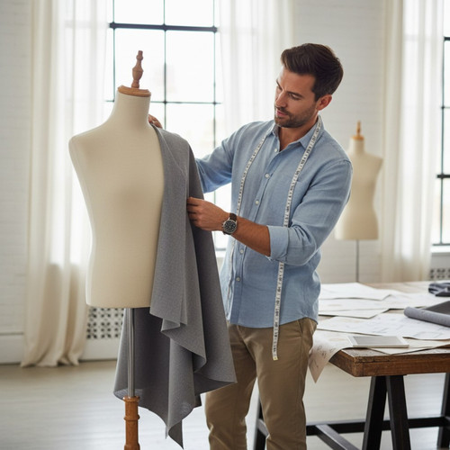 Male Beige Velvet Mannequin Torso with Adjustable Wooden Tripod Stand