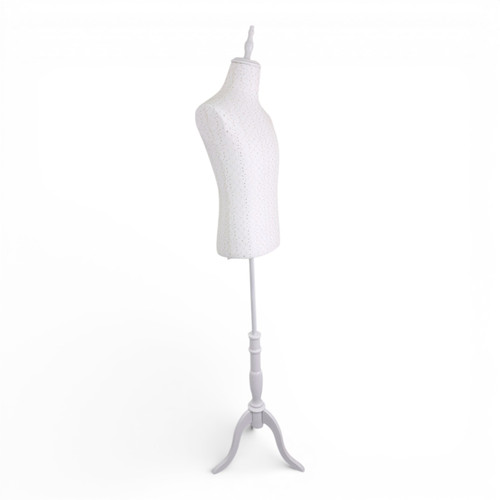 Male White Lace Mannequin Torso with Adjustable Wooden Tripod Stand, full-height product view on a white background, gallery image 11 of 15