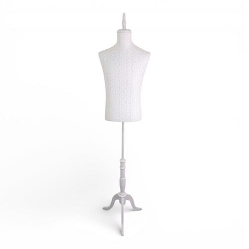 Male White Lace Mannequin Torso with Adjustable Wooden Tripod Stand, full-height product view on a white background