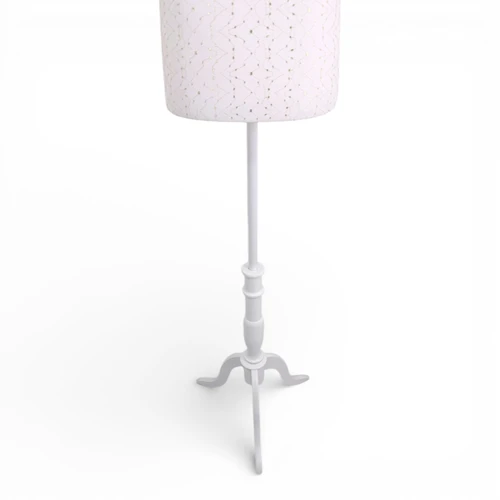Male White Lace Mannequin Torso with Adjustable Wooden Tripod Stand, full-height product view on a white background, full-height product photograph