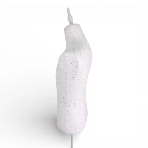 Male White Lace Mannequin Torso with Adjustable Wooden Tripod Stand, full-height product view on a white background, balanced, left-balanced square layout