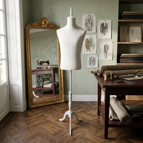 Male White Lace Mannequin Torso with Adjustable Wooden Tripod Stand, product shown against a dark background