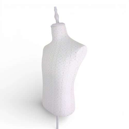 Male White Lace Mannequin Torso with Adjustable Wooden Tripod Stand, full-height product view on a white background, gallery image 15 of 15