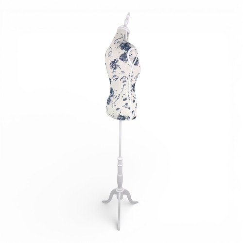 Blue Floral Female Mannequin Torso with Adjustable Wooden Stand