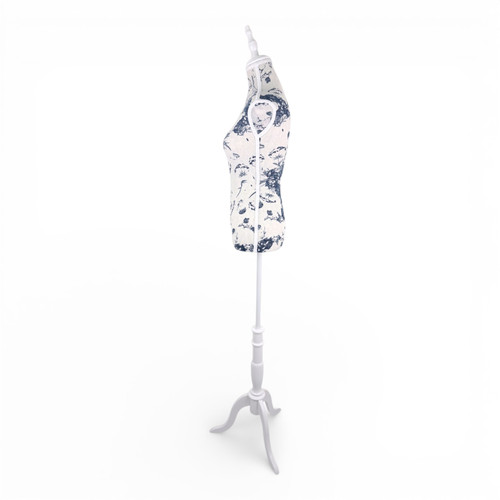 Blue Floral Female Mannequin Torso with Adjustable Wooden Stand, full-height product view on a white background, gallery image 12 of 15