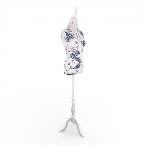 Blue Floral Female Mannequin Torso with Adjustable Wooden Stand, full-height product view on a white background, open, centred square layout