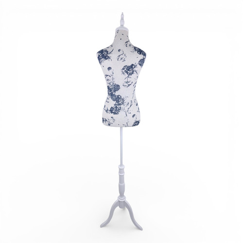 Blue Floral Female Mannequin Torso with Adjustable Wooden Stand, full-height product view on a white background, gallery image 11 of 15