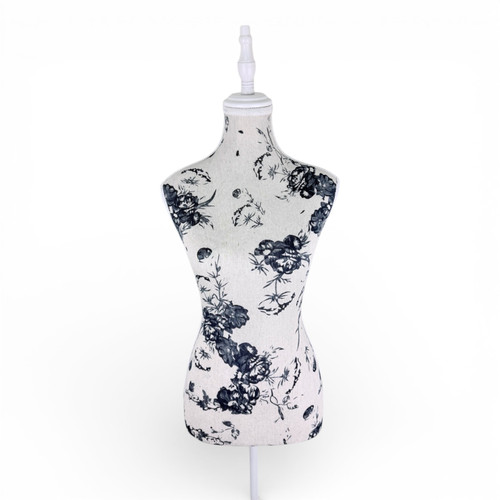 Blue Floral Female Mannequin Torso with Adjustable Wooden Stand, full-height product view on a white background, balanced, centred square layout
