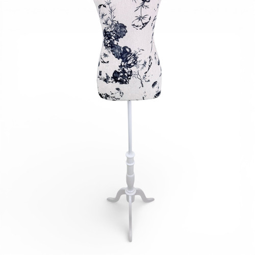 Blue Floral Female Mannequin Torso with Adjustable Wooden Stand, full-height product view on a white background, full-height product photograph