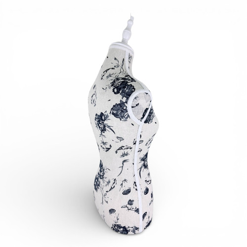 Blue Floral Female Mannequin Torso with Adjustable Wooden Stand, full-height product view on a white background, gallery image 10 of 15