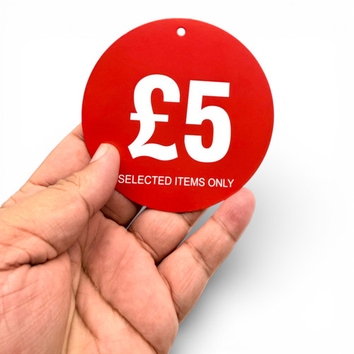 £5 Round Hanger Tickets 100mm Red Sale Tags “Selected Items Only” (Pack of 100)