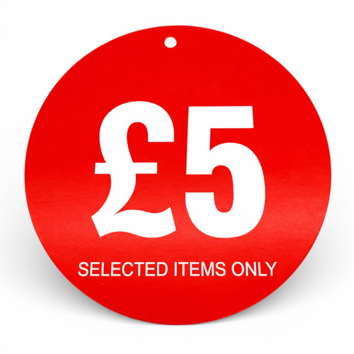 Round red hanger ticket reading “£5 Selected Items Only”