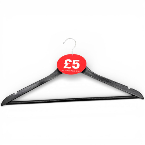 Black clothes hanger with a round red “£5 Selected Items Only” ticket