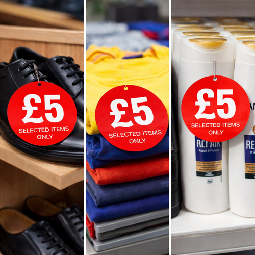 £5 Round Hanger Tickets 100mm Red Sale Tags “Selected Items Only” (Pack of 100)