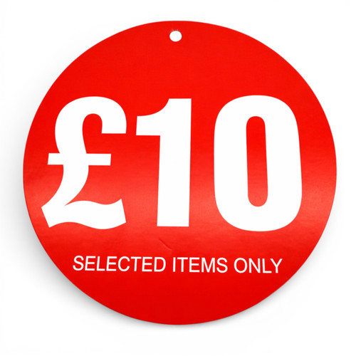 £10 Round Hanger Tickets 100mm Red Sale Tags “Selected Items Only” (Pack of 100), close product view on a white background