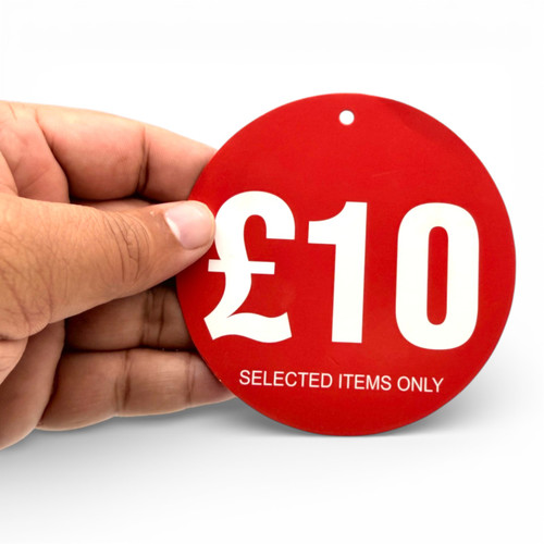£10 Round Hanger Tickets 100mm Red Sale Tags “Selected Items Only” (Pack of 100), close product view on a white background, balanced, centred square layout