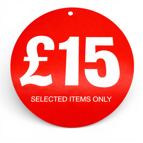 £15 Round Hanger Tickets 100mm Red Sale Tags “Selected Items Only” (Pack of 100), close product view on a white background