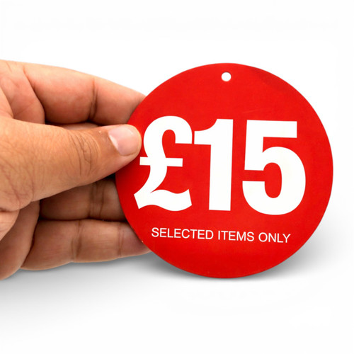 £15 Round Hanger Tickets 100mm Red Sale Tags “Selected Items Only” (Pack of 100)
