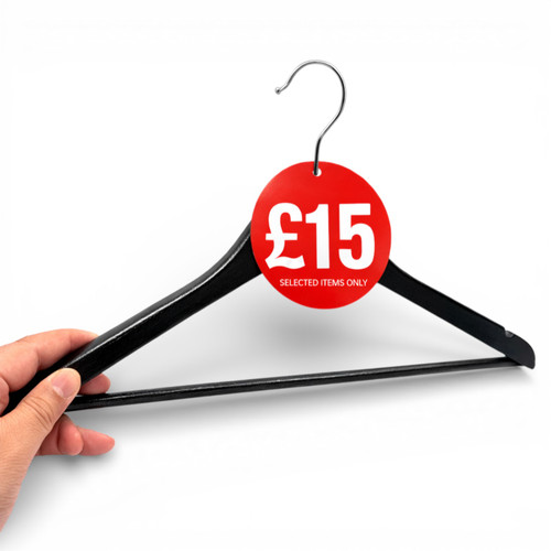 £15 Round Hanger Tickets 100mm Red Sale Tags “Selected Items Only” (Pack of 100)