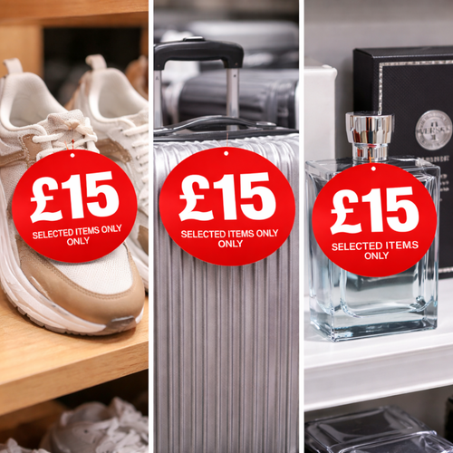£15 Round Hanger Tickets 100mm Red Sale Tags “Selected Items Only” (Pack of 100), printed product shown against a coloured background