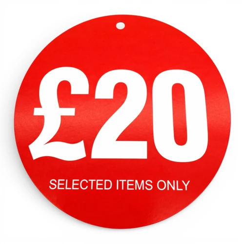 £20 Round Hanger Tickets 100mm Red Sale Tags “Selected Items Only” (Pack of 100), close product view on a white background
