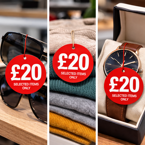 £20 Round Hanger Tickets 100mm Red Sale Tags “Selected Items Only” (Pack of 100)