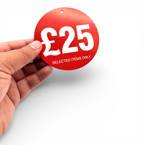 £25 Round Hanger Tickets 100mm Red Sale Tags “Selected Items Only” (Pack of 100), printed product shown against a light background