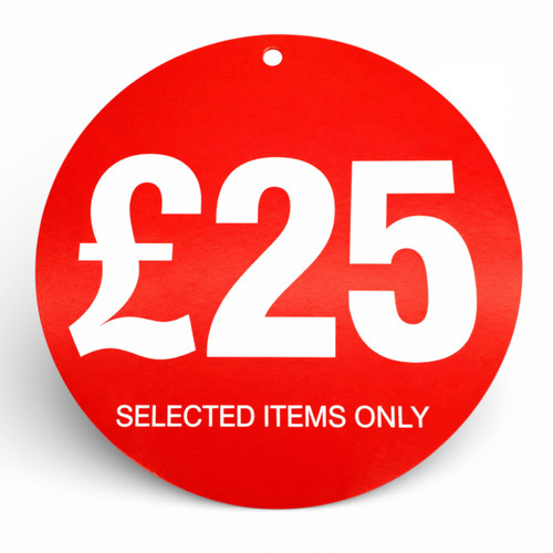 £25 Round Hanger Tickets 100mm Red Sale Tags “Selected Items Only” (Pack of 100), close product view on a white background