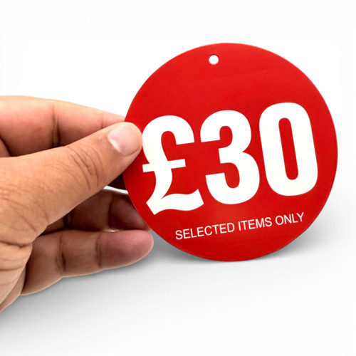 £30 Round Hanger Tickets 100mm Red Sale Tags “Selected Items Only” (Pack of 100)