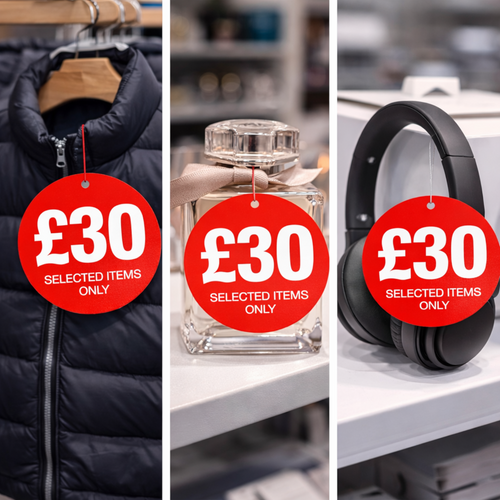 £30 Round Hanger Tickets 100mm Red Sale Tags “Selected Items Only” (Pack of 100)