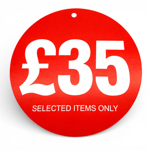 £35 Round Hanger Tickets 100mm Red Sale Tags “Selected Items Only” (Pack of 100)