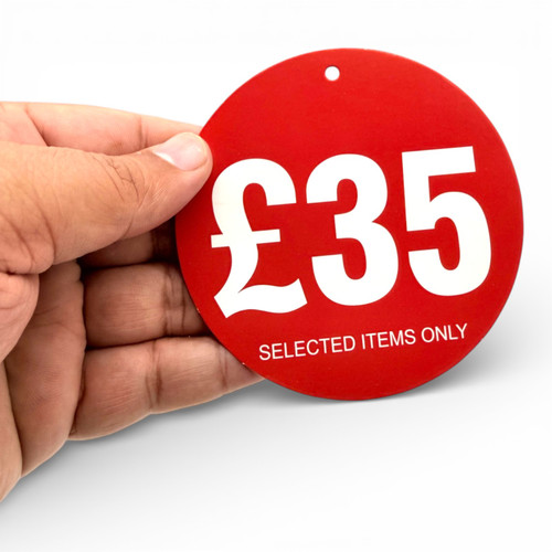 £35 Round Hanger Tickets 100mm Red Sale Tags “Selected Items Only” (Pack of 100), close product view on a white background, tight, centred square layout