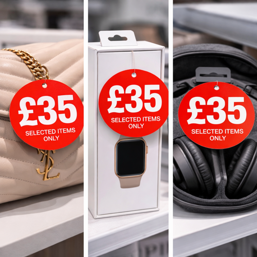 £35 Round Hanger Tickets 100mm Red Sale Tags “Selected Items Only” (Pack of 100)