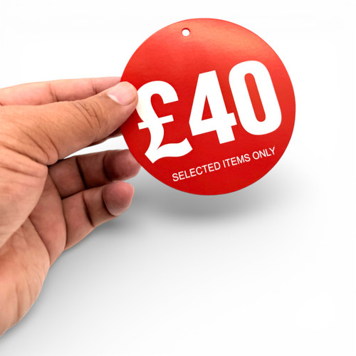 £40 Round Hanger Tickets 100mm Red Sale Tags “Selected Items Only” (Pack of 100), close product view against a light background