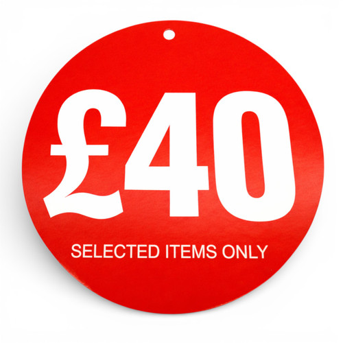 £40 Round Hanger Tickets 100mm Red Sale Tags “Selected Items Only” (Pack of 100)