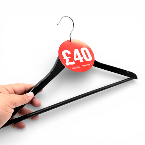£40 Round Hanger Tickets 100mm Red Sale Tags “Selected Items Only” (Pack of 100), close product view against a light background, tight, centred square layout