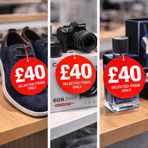 £40 Round Hanger Tickets 100mm Red Sale Tags “Selected Items Only” (Pack of 100)