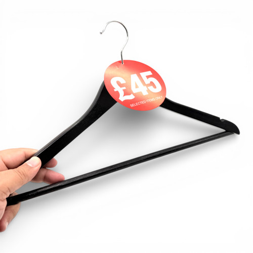 £45 Round Hanger Tickets 100mm Red Sale Tags “Selected Items Only” (Pack of 100), close product view on a white background, close product photograph