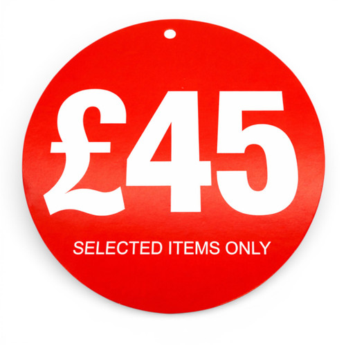 £45 Round Hanger Tickets 100mm Red Sale Tags “Selected Items Only” (Pack of 100)