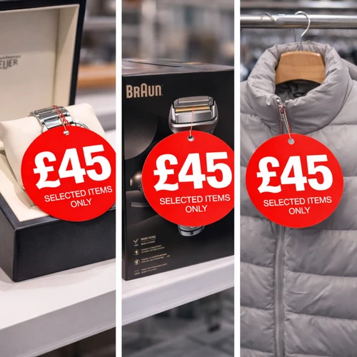 £45 Round Hanger Tickets 100mm Red Sale Tags “Selected Items Only” (Pack of 100), printed product shown against a coloured background