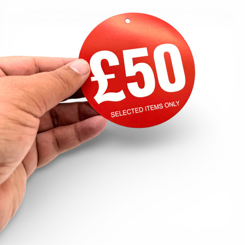 £50 Round Hanger Tickets 100mm Red Sale Tags “Selected Items Only” (Pack of 100)
