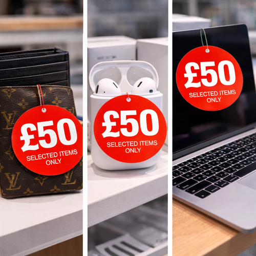 £50 Round Hanger Tickets 100mm Red Sale Tags “Selected Items Only” (Pack of 100)