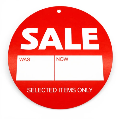 Sale Was Now Round Hanger Tickets 100mm Red Sale Tags (Pack of 100), close product view on a white background