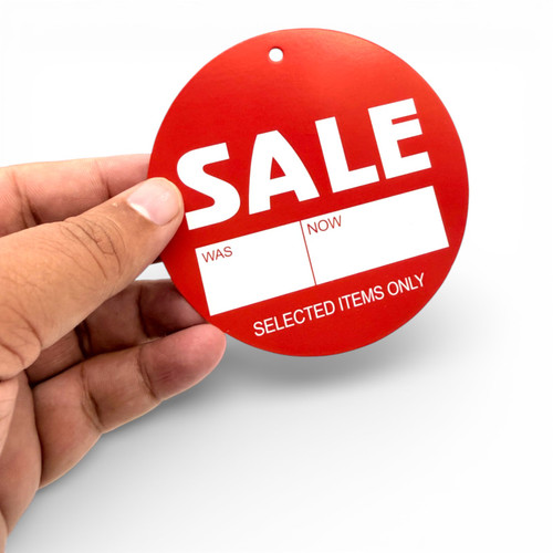 Sale Was Now Round Hanger Tickets 100mm Red Sale Tags (Pack of 100)