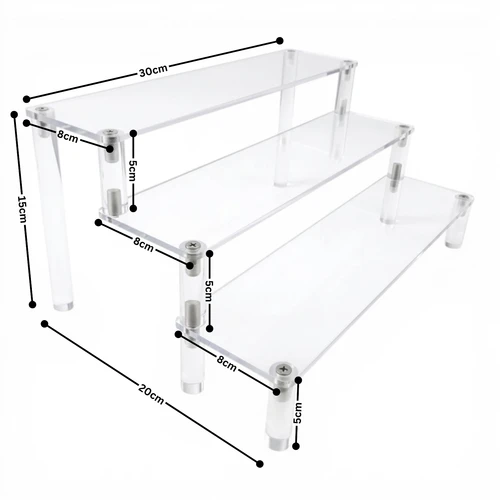 3 Tier Clear Acrylic Display Riser Stand for Jewellery Cosmetics Cupcakes, close product view on a white background, tight, centred square layout