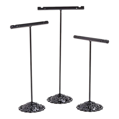 3 Piece Black T Bar Jewelry Display Stand Set for Necklaces Bracelets, close product view on a white background
